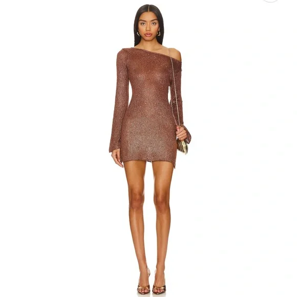 Asta resort Maya Sleeve Mini Dress - Chocolate Sequin Brown One-Shoulder Dress - Picture 1 of 8